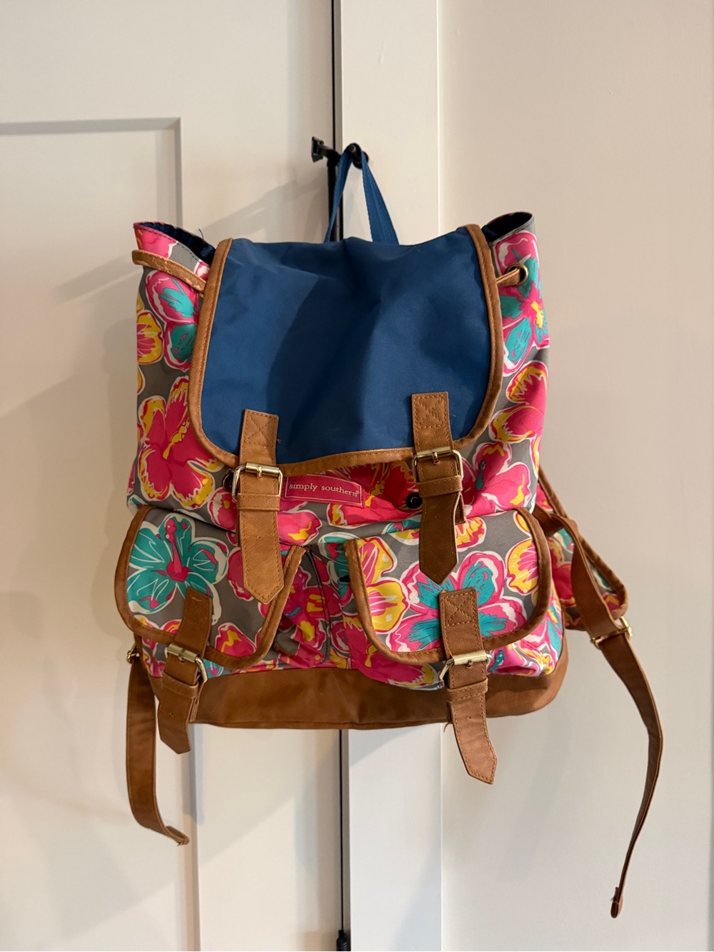 Simply Southern Floral Canvas Backpack - Blue, Pink & Brown Trim